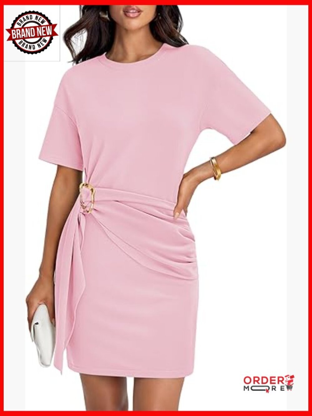 Women's Summer Mini T Shirt Dress Short Sleeve Crewneck Ruched Tie Waist Slim